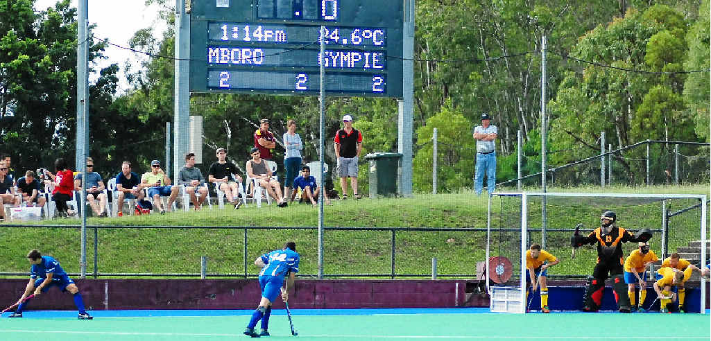 With the scores locked at 2-2, Gympie survived this late penalty corner to force the grand final into a shootout. With the scores locked at 2-2, Gympie survived this late penalty corner to force the grand final into a shootout.